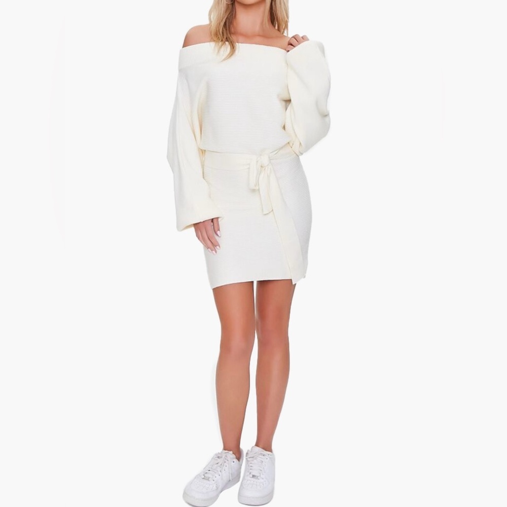 FOREVER 21 White Ribbed Off-the-Shoulder Sweater Dress in Cream Size Small